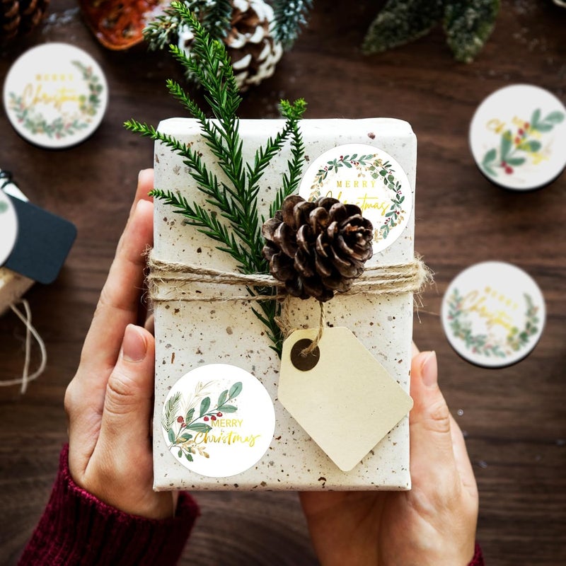 Whaline 1000Pcs Merry Christmas Gold Foil Stickers Roll Holly Berry Watercolor Seal Stickers Xmas Greenery Self-Adhesive Decals for Envelope Journal Party Decor, 4 Designs - Image 4